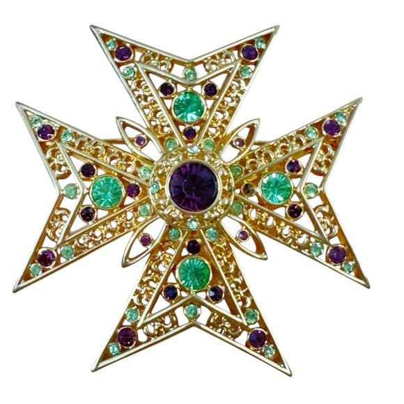 Nolan Miller Maltese Cross Brooch Pin Signed Gold Tone Purple/Green Glow - Picture 2 of 13